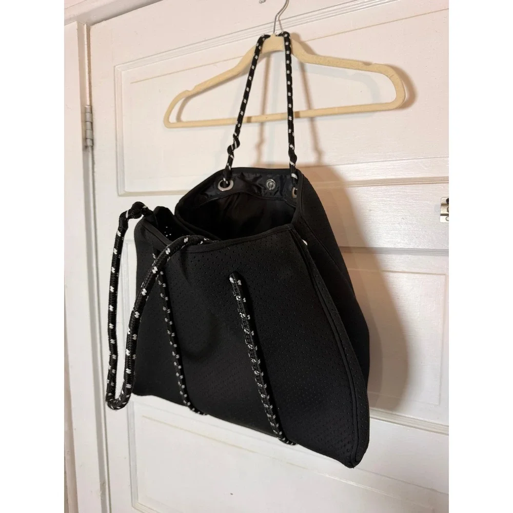 Black Perforated Neoprene Tote Bag Rope Handles Sporty Beach Gym Travel Bag